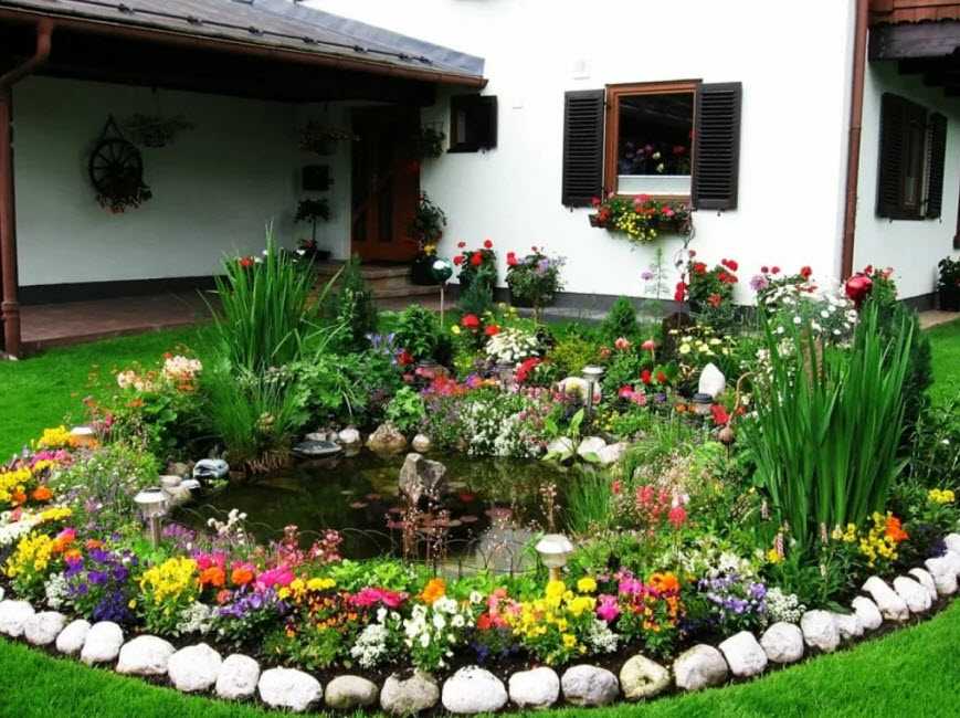 Клумба – один из основных элементов ландшафтного дизайна Как расположить красивые цветники во дворе частного дома Из чего состоит цветочная композиция с декором из камней