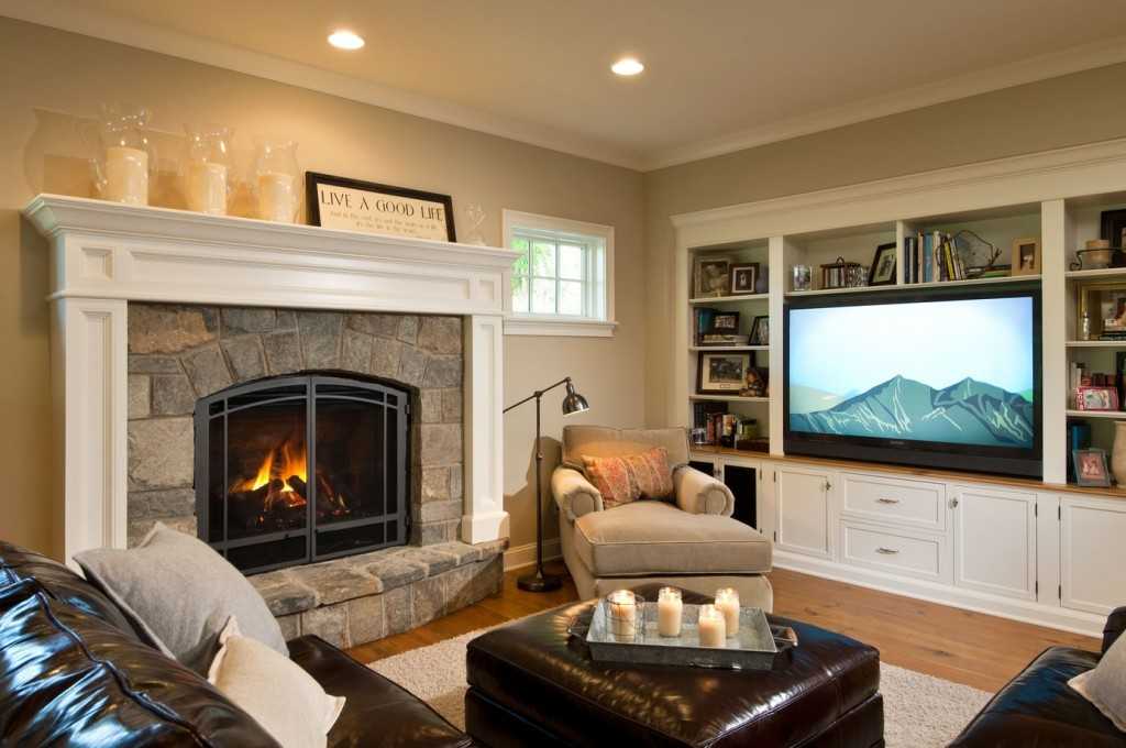 Дизайн гостиной с камином и телевизором в квартире фото
