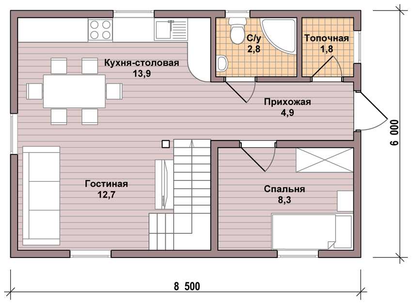 Планировка дома 6 на 8 с мансардой: проекты каркасных домов, из бруса, пеноблоков, кирпича, с гаражом, верандой или террасой