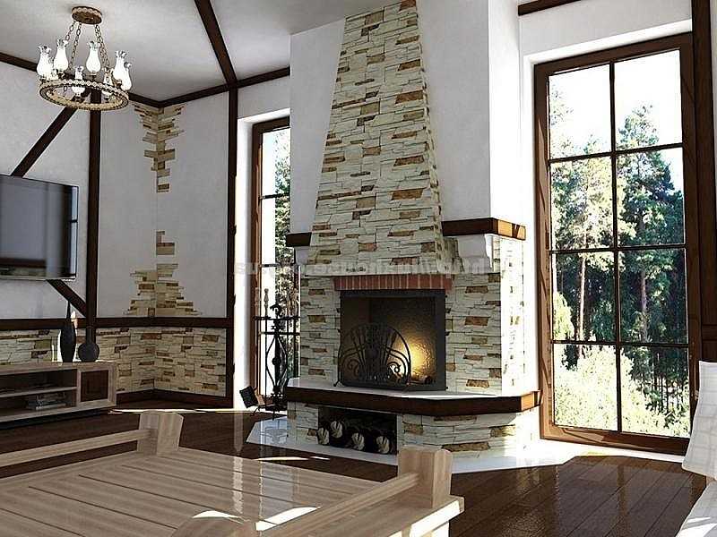 Дизайн гостиной с кухней и камином в загородном доме