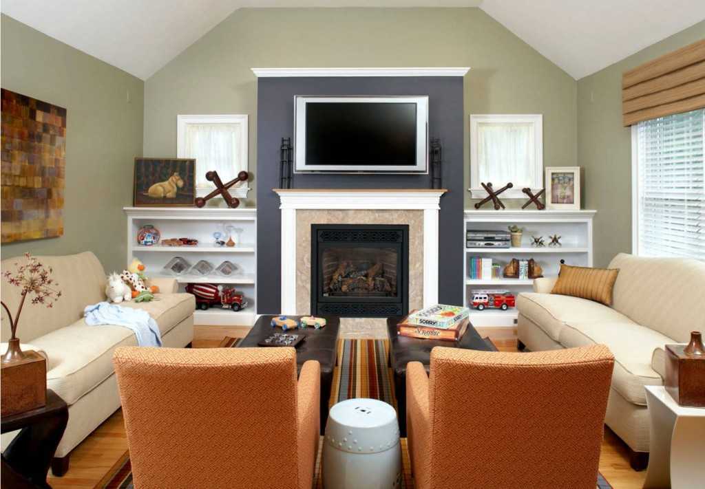Телевизор над камином в интерьере (40 фото): вид комнаты - зала или спальни с электрокамином