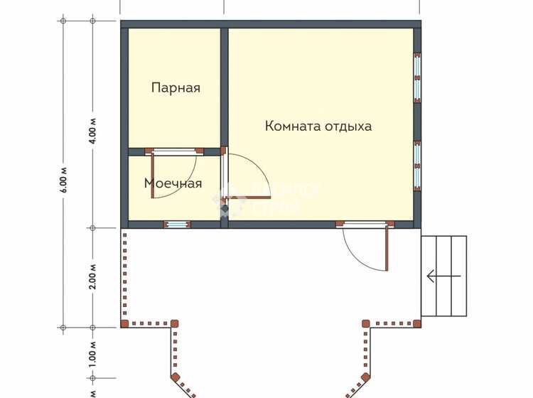 Проект небольшой бани: баня 6х12 с террасой, барбекю и комнатой отдыха
